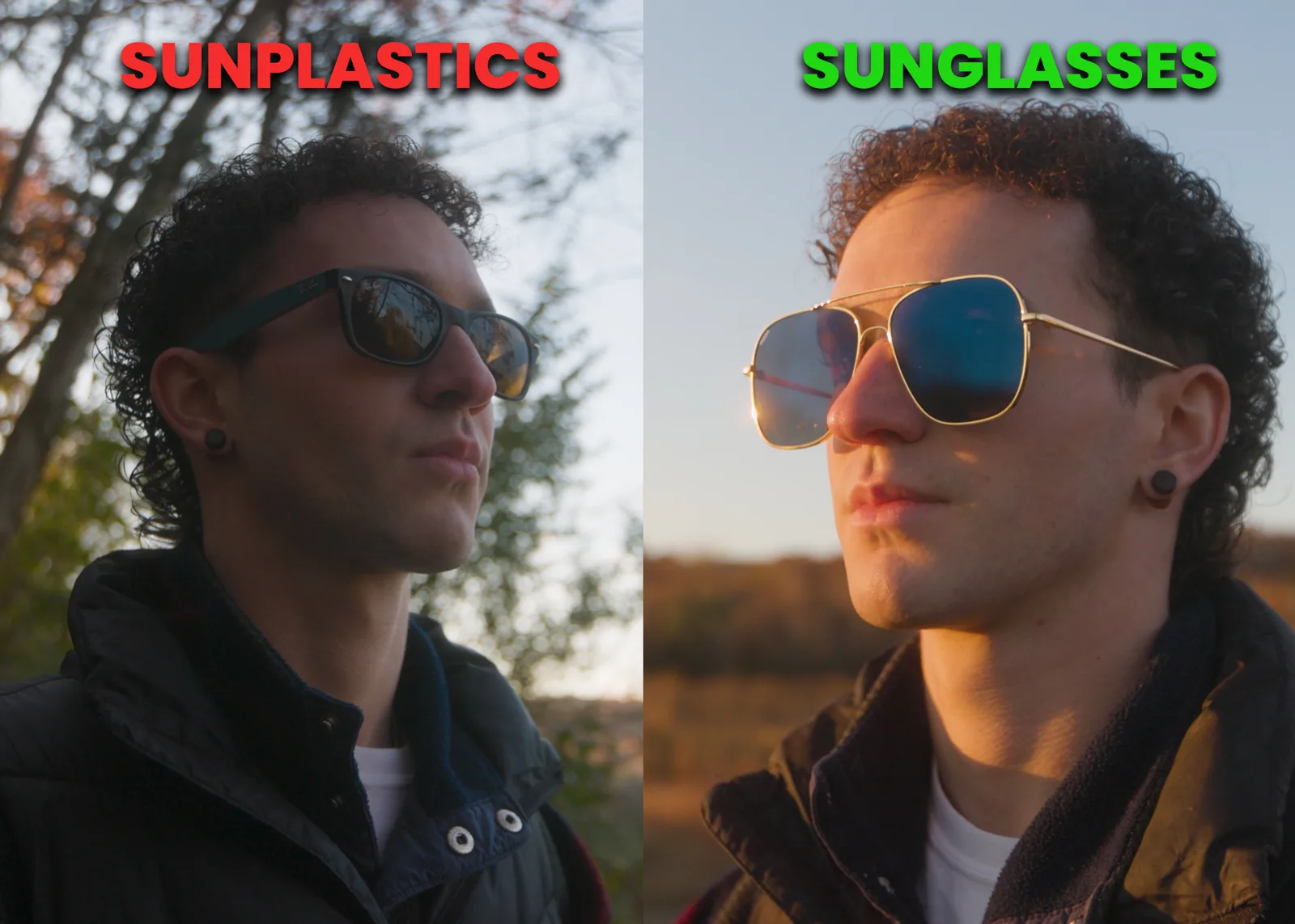 Side by side comparison of the view through ordinary plastic sunglasses and through Kolari Shades
